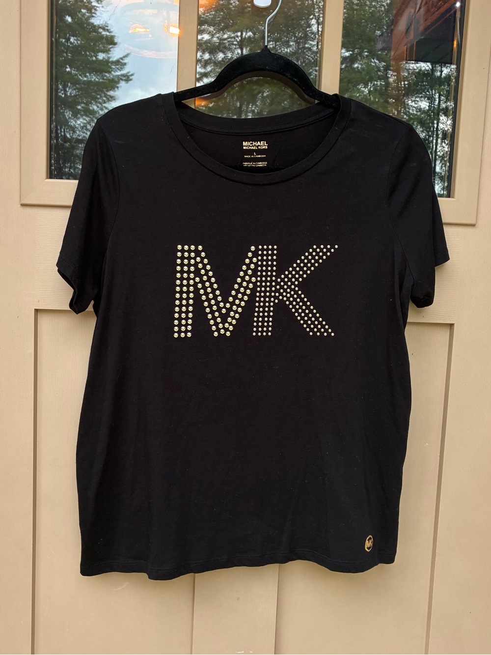 MICHAEL Michael Kors Short Sleeve Tee Black with Gold Stud MK Logo Women's Large